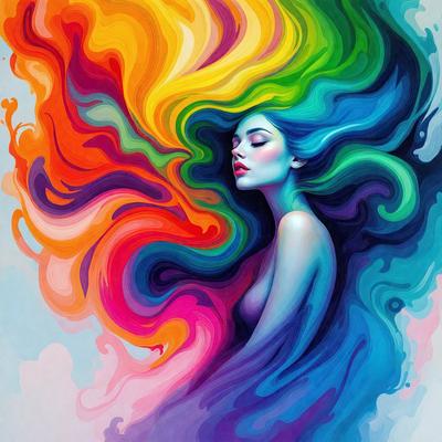 The primary subject of the image is a woman with long hair, who is the main focus of the scene. She is depicted in a colorful and vibrant manner, with her hair flowing in a rainbow of colors. The setting is a colorful background, which adds to the overall atmosphere of the image. The visual style of the image is a combination of digital art and illustration, creating a unique and eye-catching piece of art. The colors and mood of the image are lively and energetic,